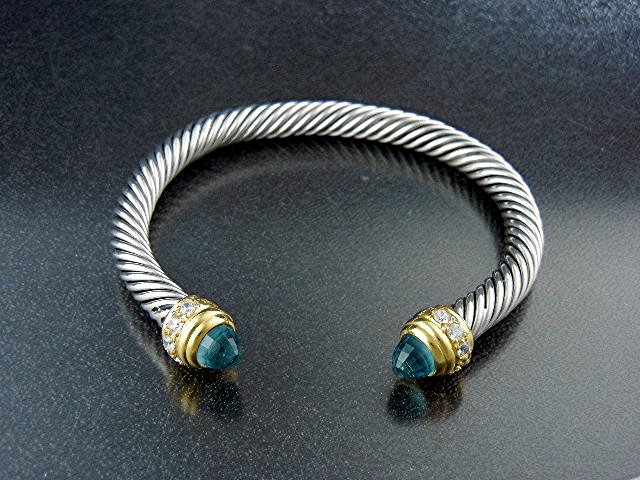 Sterling Silver Twist Blue Topaz CZ Cuff Bracelet