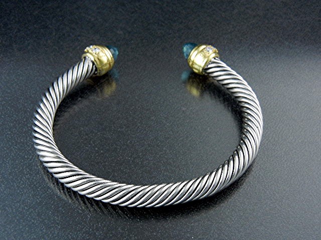 Sterling Silver Twist Blue Topaz CZ Cuff Bracelet