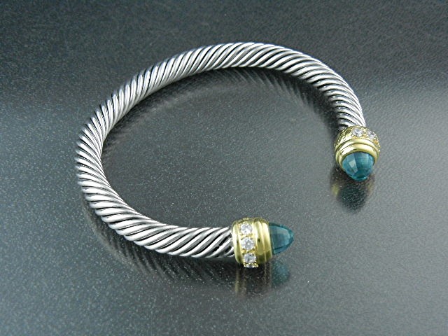 Sterling Silver Twist Blue Topaz CZ Cuff Bracelet