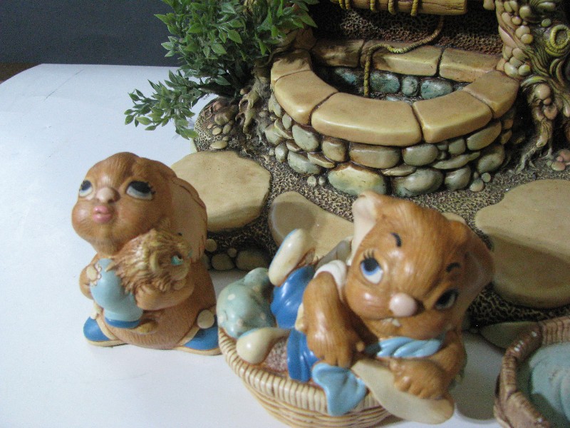 Vintage Hand-Painted Ceramic Wishing Well and Rabbit Figurine Set - 5 Pieces