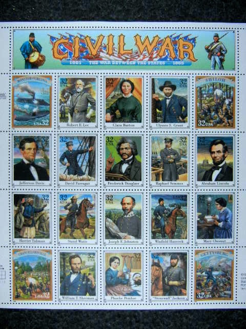 Civil War Stamp Sheet, 20 uncut $0.32 stamps
