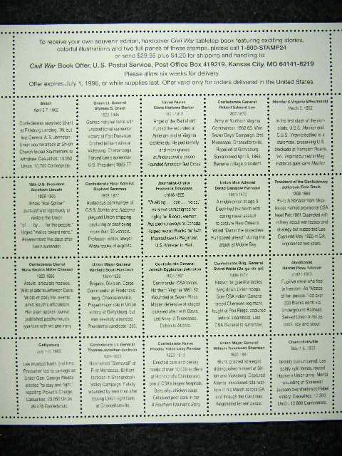 Civil War Stamp Sheet, 20 uncut $0.32 stamps