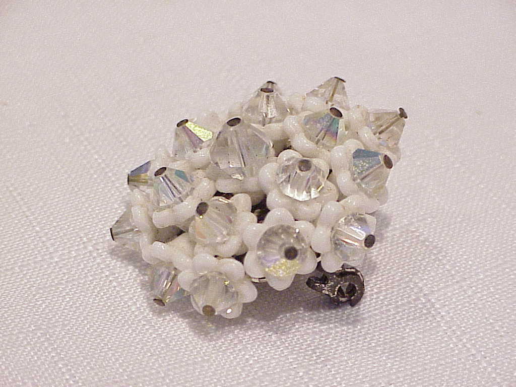 Vintage Japan White Glass Flower And Crystal Brooch