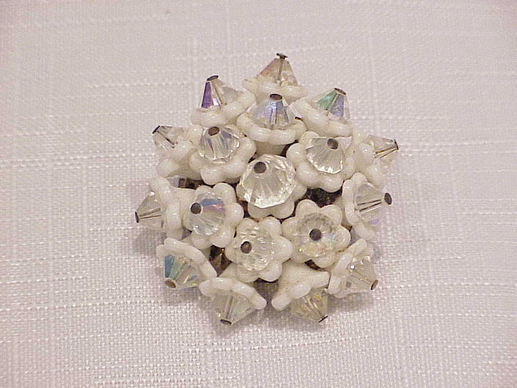 Vintage Japan White Glass Flower And Crystal Brooch