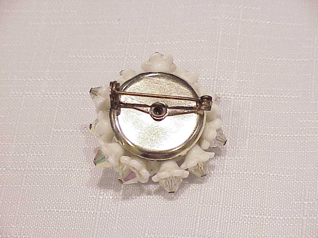 Vintage Japan White Glass Flower And Crystal Brooch
