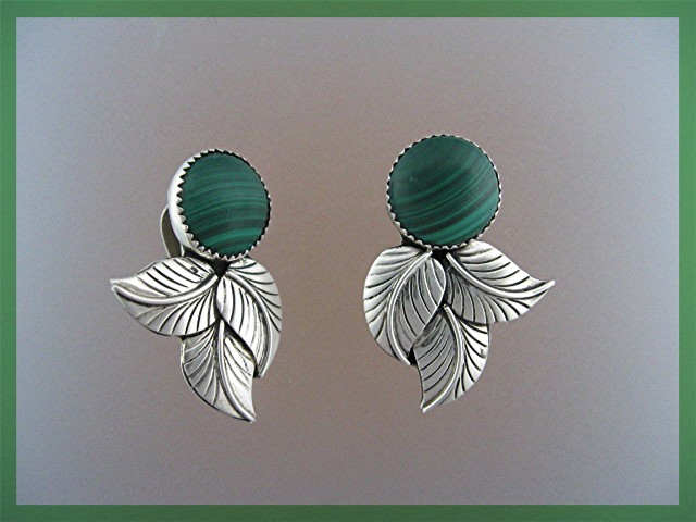 Navajo Sterling Silver Malachite Clip Earrings N JUAN