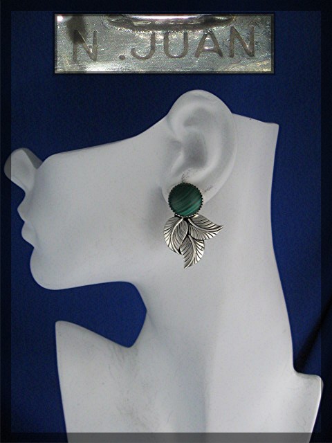 Navajo Sterling Silver Malachite Clip Earrings N JUAN