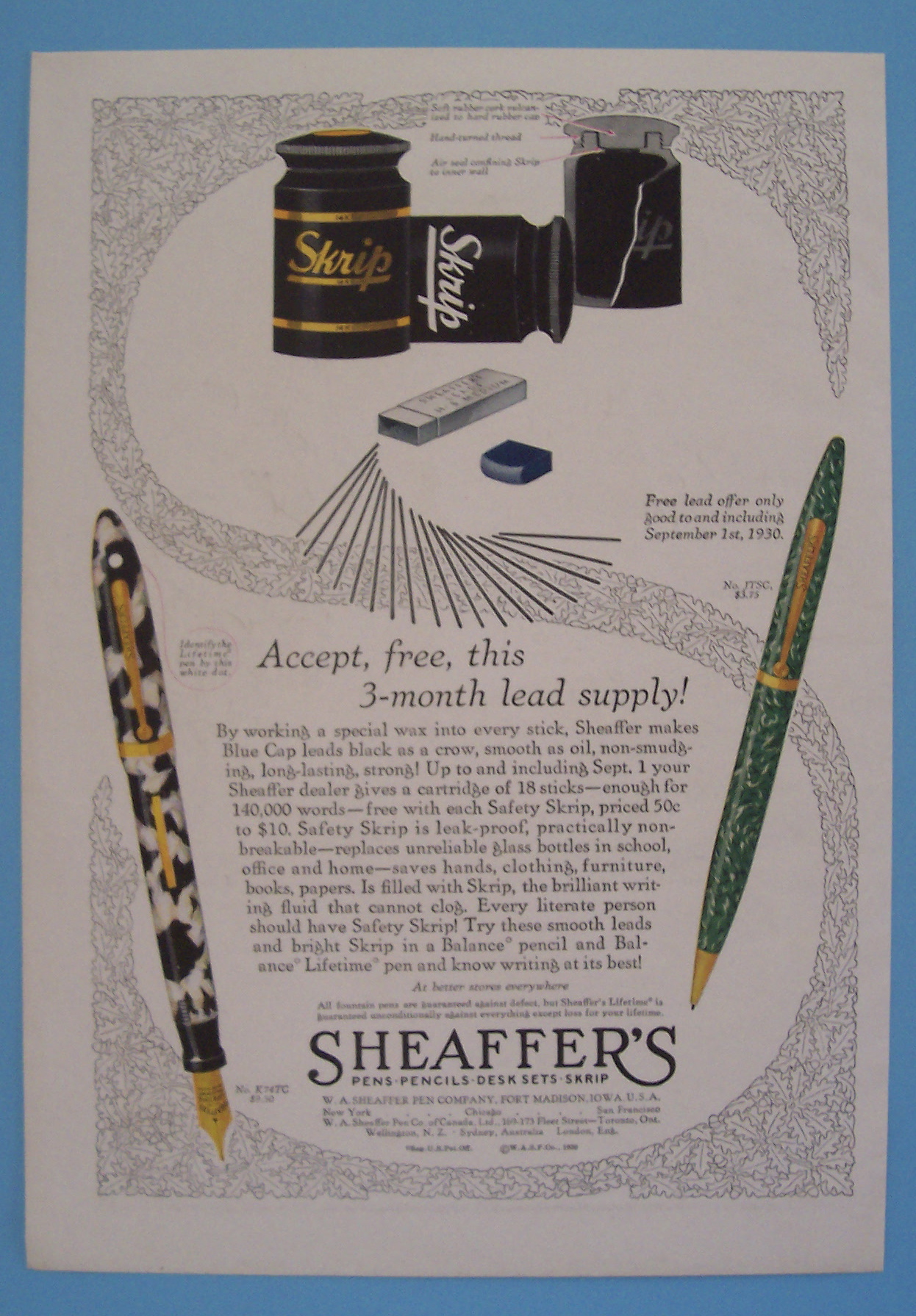 1930 Sheaffer's Pens with Two Different Pens