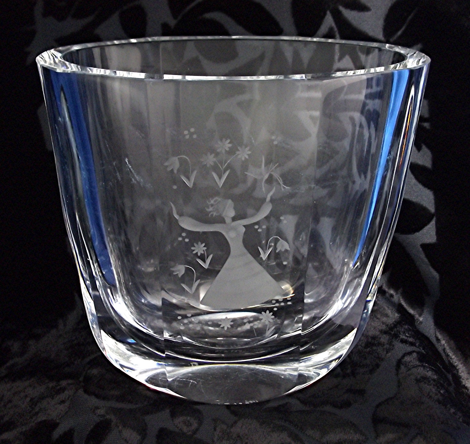 Orrefors Crystal Vase  Etched Girl with Flowers