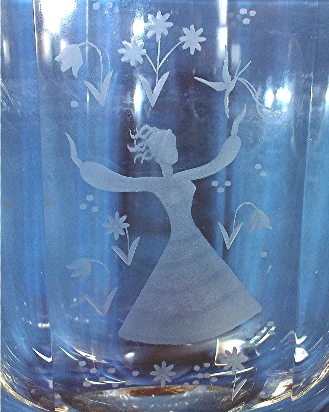 Orrefors Crystal Vase  Etched Girl with Flowers