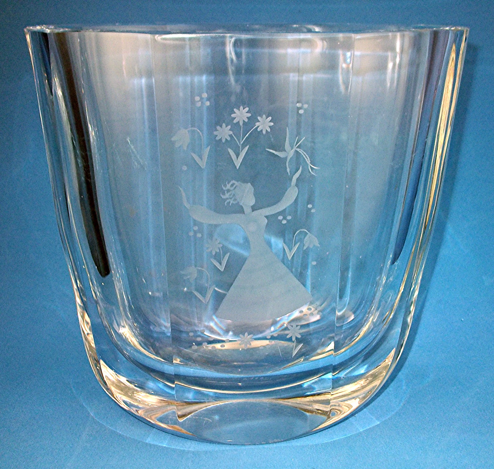 Orrefors Crystal Vase  Etched Girl with Flowers