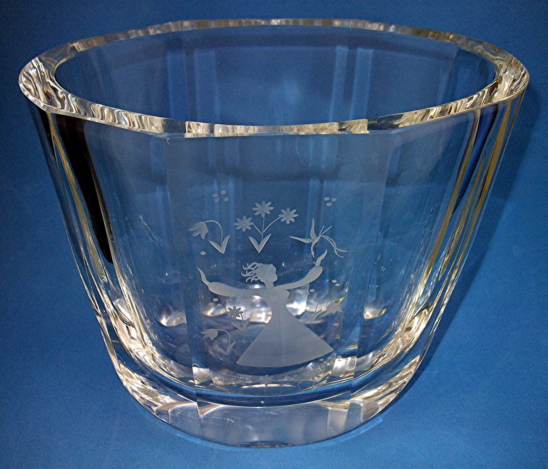 Orrefors Crystal Vase  Etched Girl with Flowers
