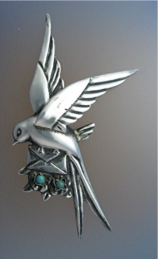 Silver Turquoise Loveletter Bird Mexico brooch