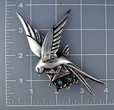 Silver Turquoise Loveletter Bird Mexico brooch