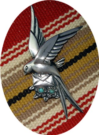 Silver Turquoise Loveletter Bird Mexico brooch
