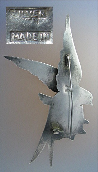 Silver Turquoise Loveletter Bird Mexico brooch