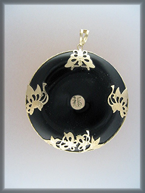 14 K Gold Black Onyx Oriental Butterflies Pendant