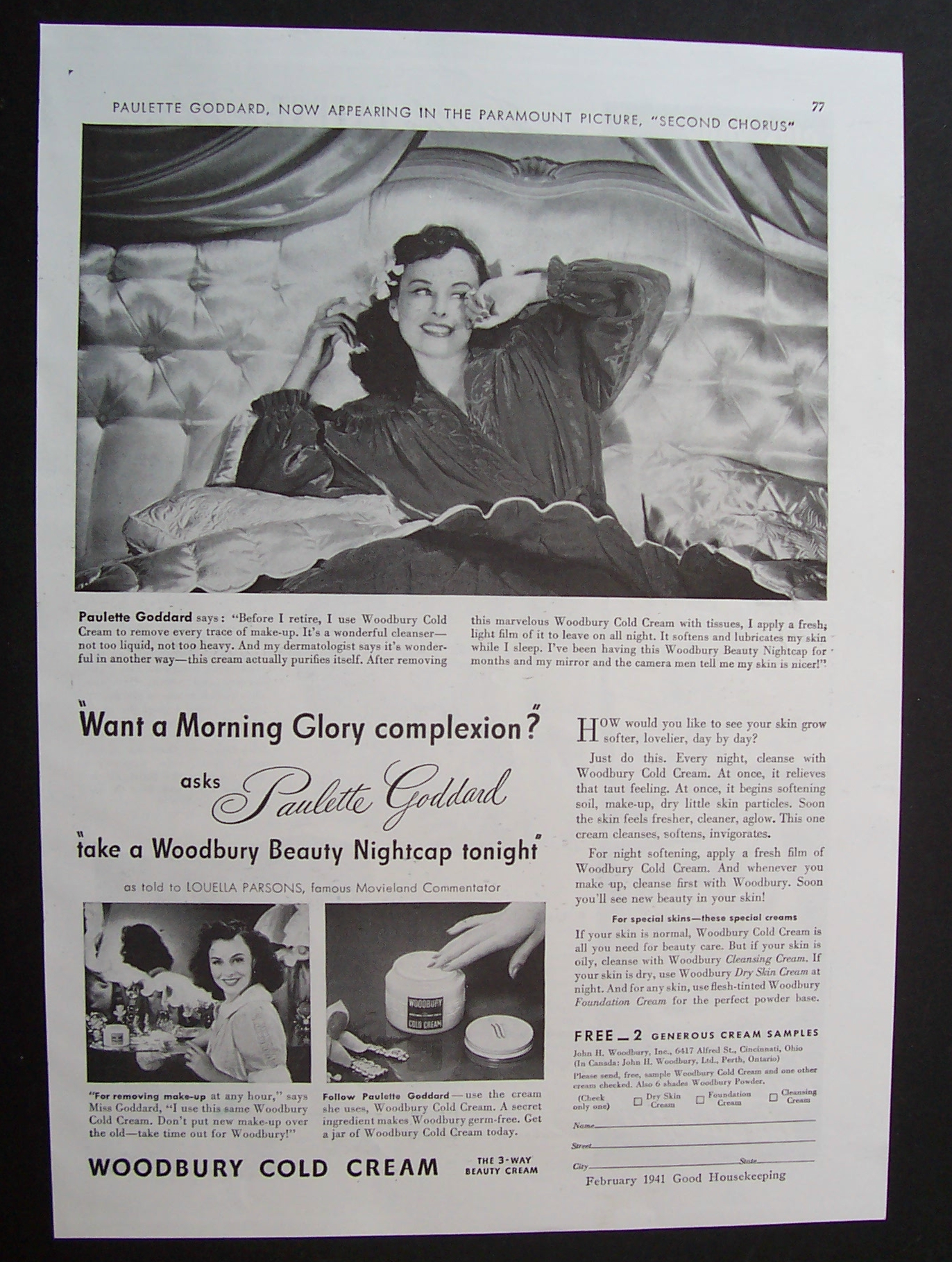 1941  Woodbury  Cold  Cream  with  Paulette  Goddard
