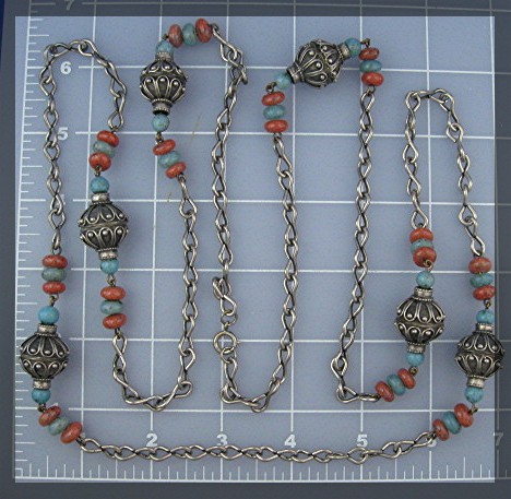 Silver Turquoise Carnelian Color Glass bead Necklace