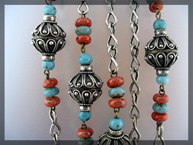 Silver Turquoise Carnelian Color Glass bead Necklace