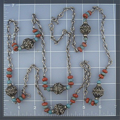 Silver Turquoise Carnelian Color Glass bead Necklace