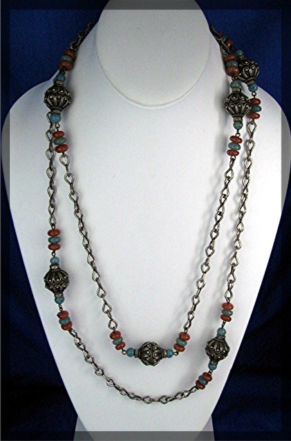 Silver Turquoise Carnelian Color Glass bead Necklace