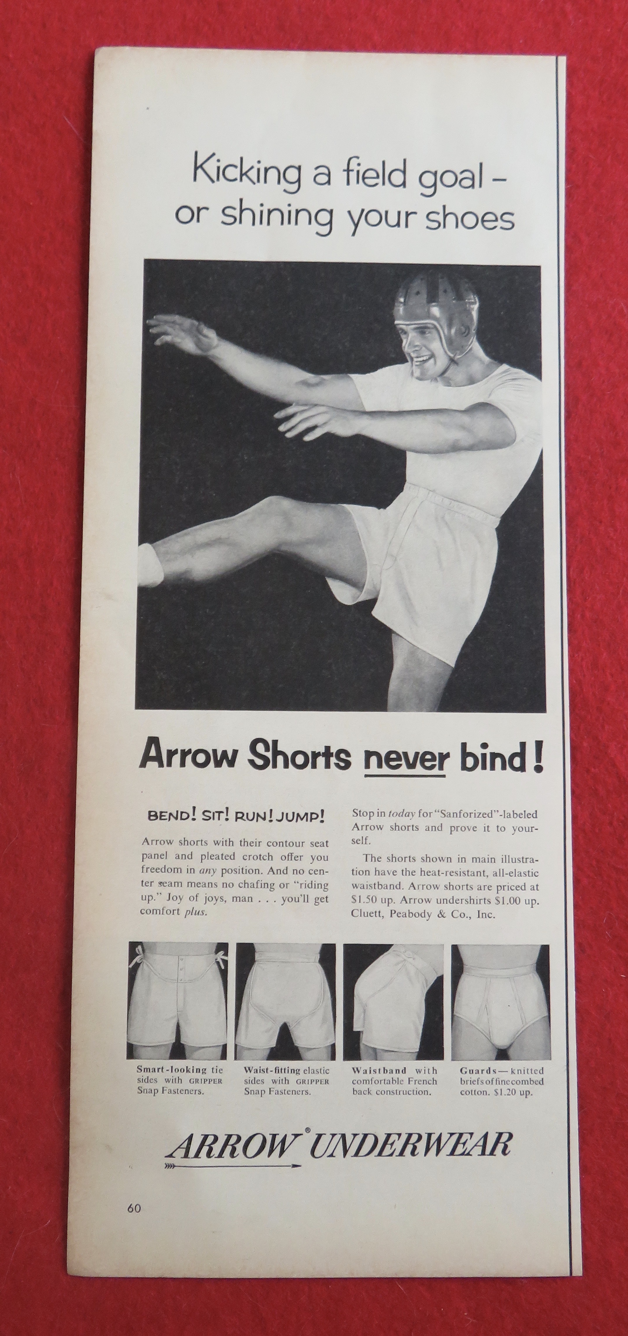 1953 Arrow Shorts With A Man Wearing A Football Helmet