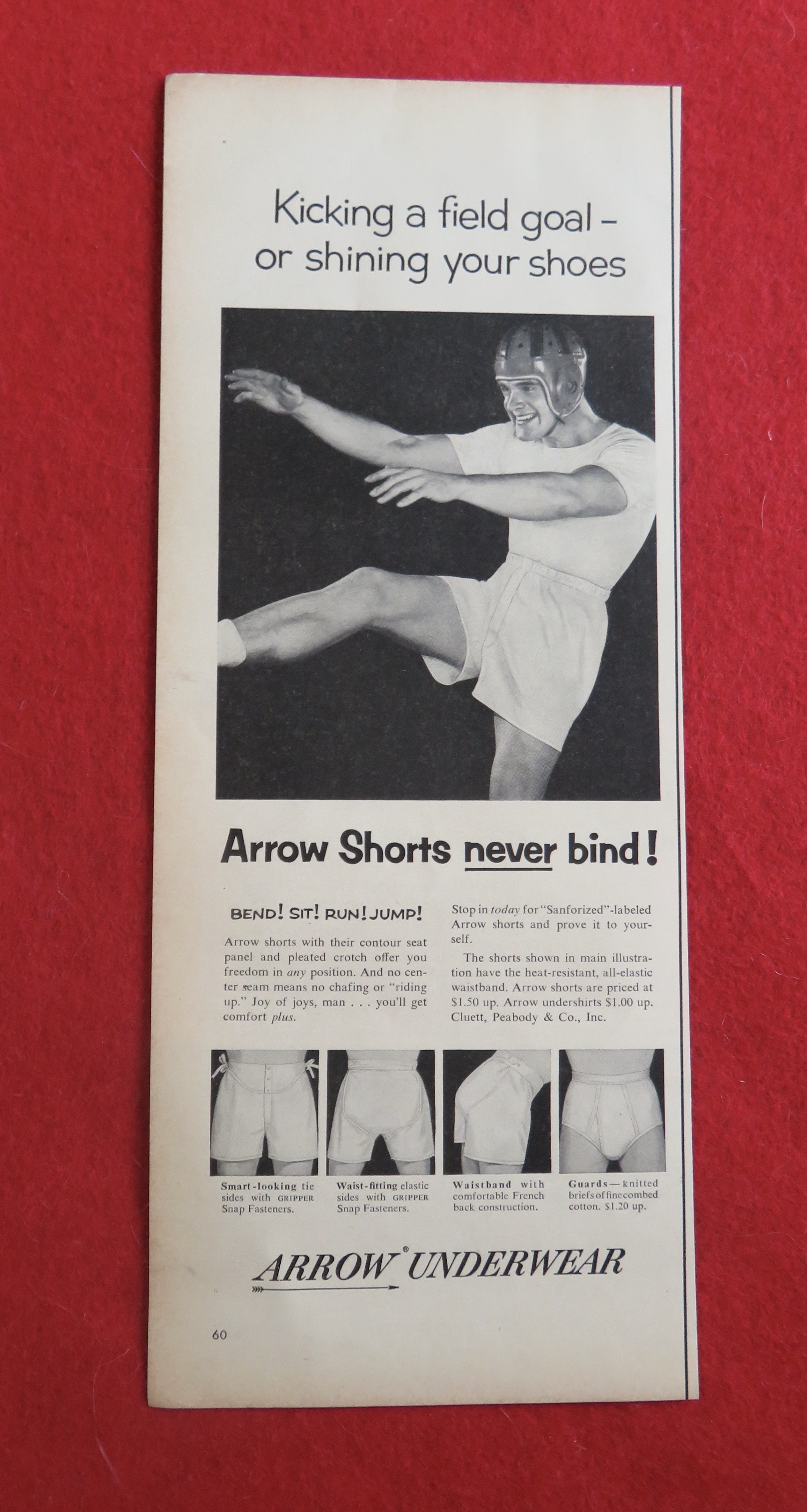 1953 Arrow Shorts With A Man Wearing A Football Helmet