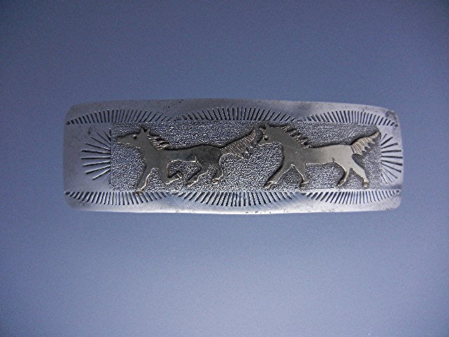 Navajo Barette Sterling Silver 12K Gold Horses R Begay