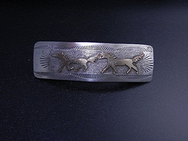 Navajo Barette Sterling Silver 12K Gold Horses R Begay