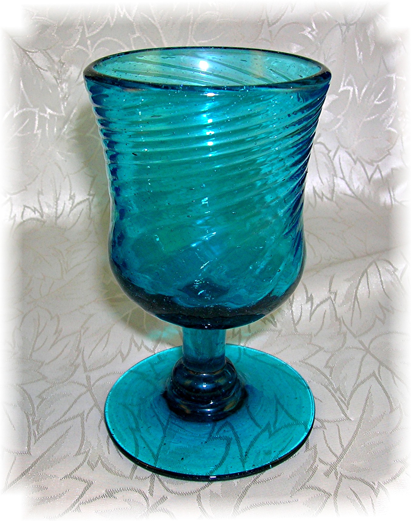 6 HAND blown BLUE GLASS FOOTED CORDIAL GLASSES . .