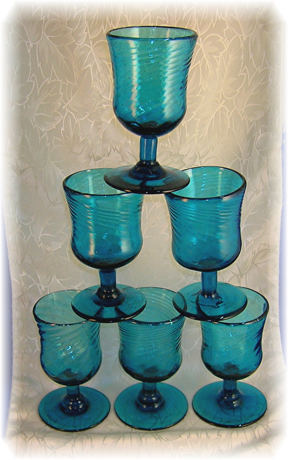 6 HAND blown BLUE GLASS FOOTED CORDIAL GLASSES . .