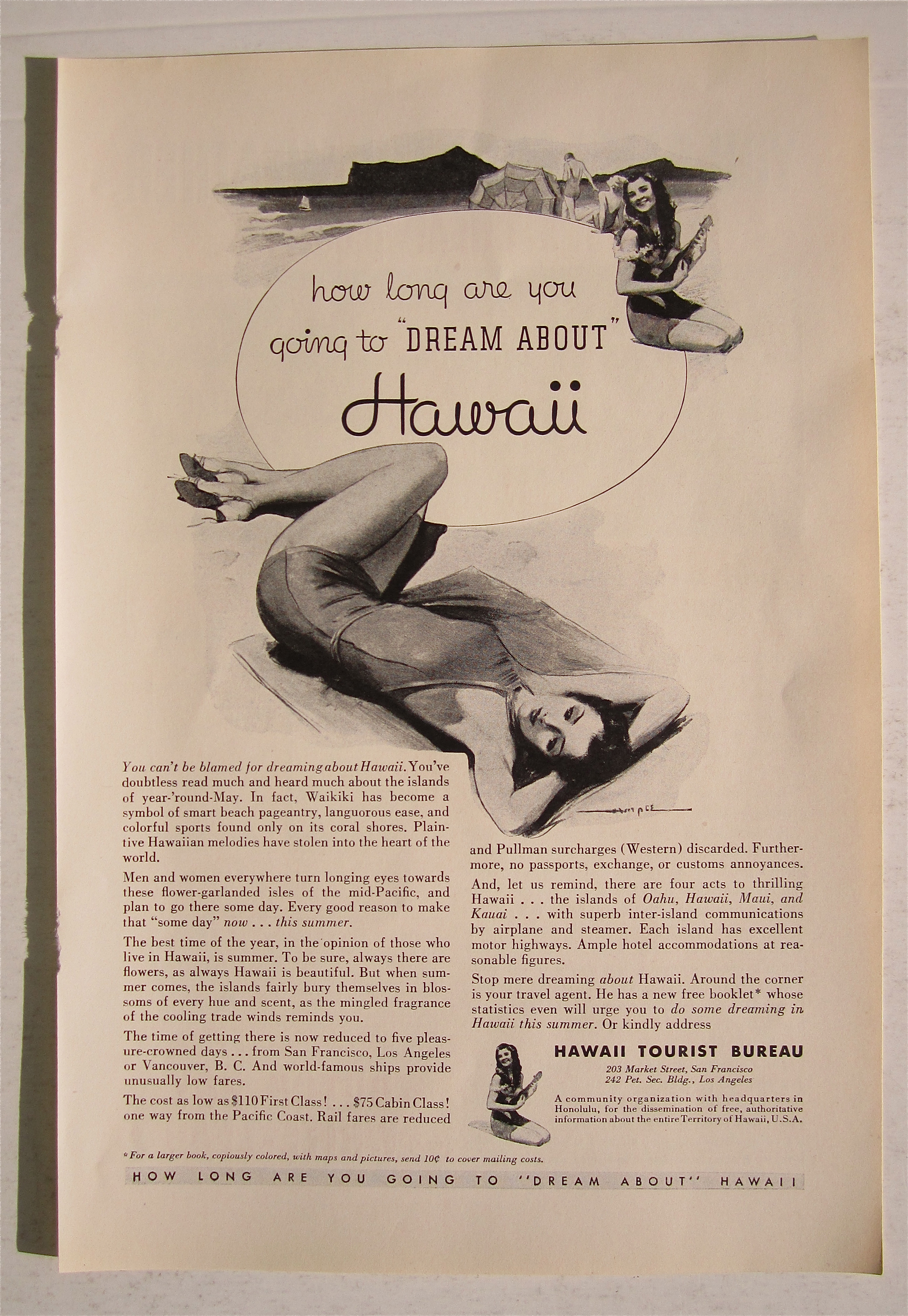 1934 Hawaii Tourist Bureau with Woman on Beach