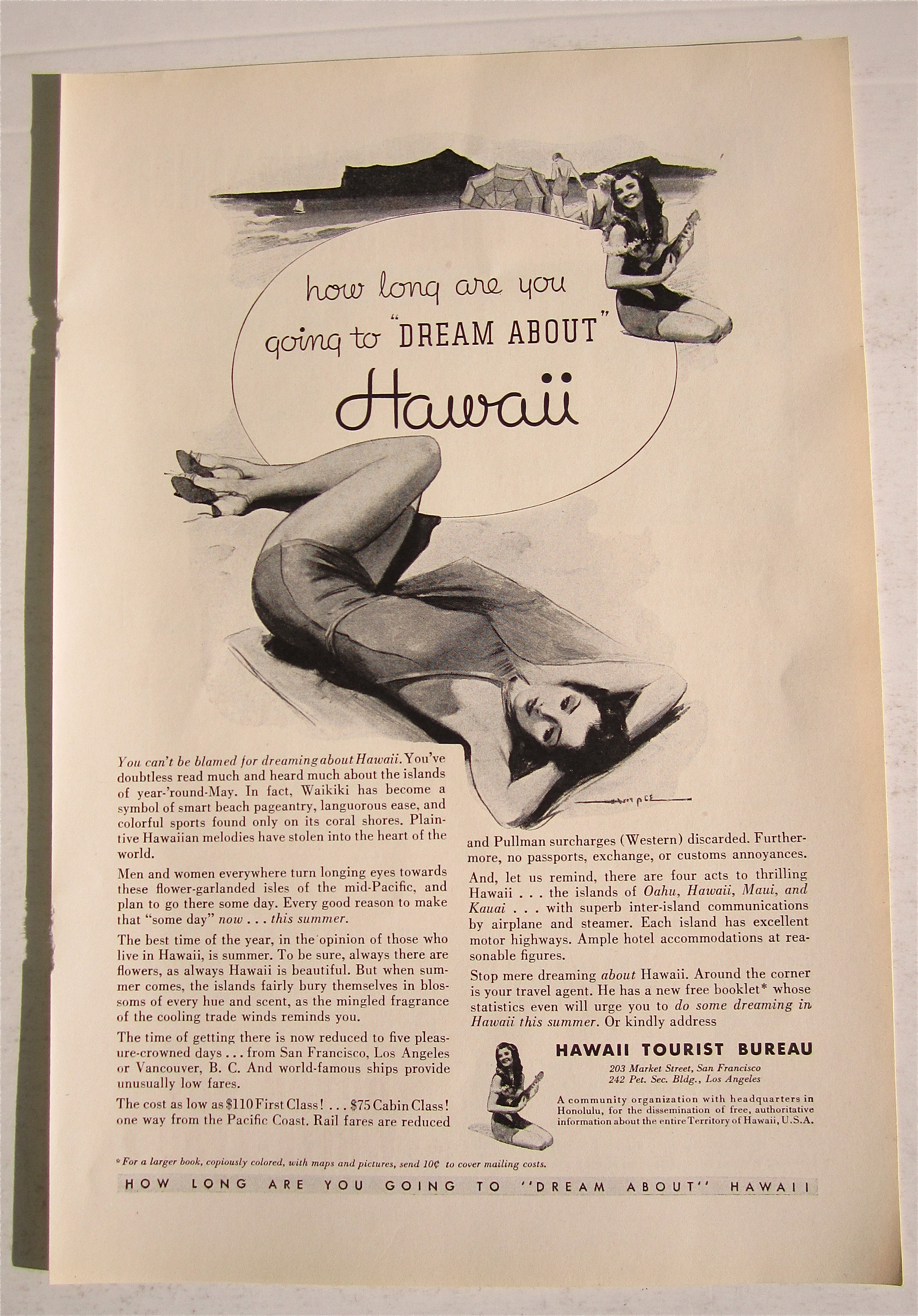 1934 Hawaii Tourist Bureau with Woman on Beach