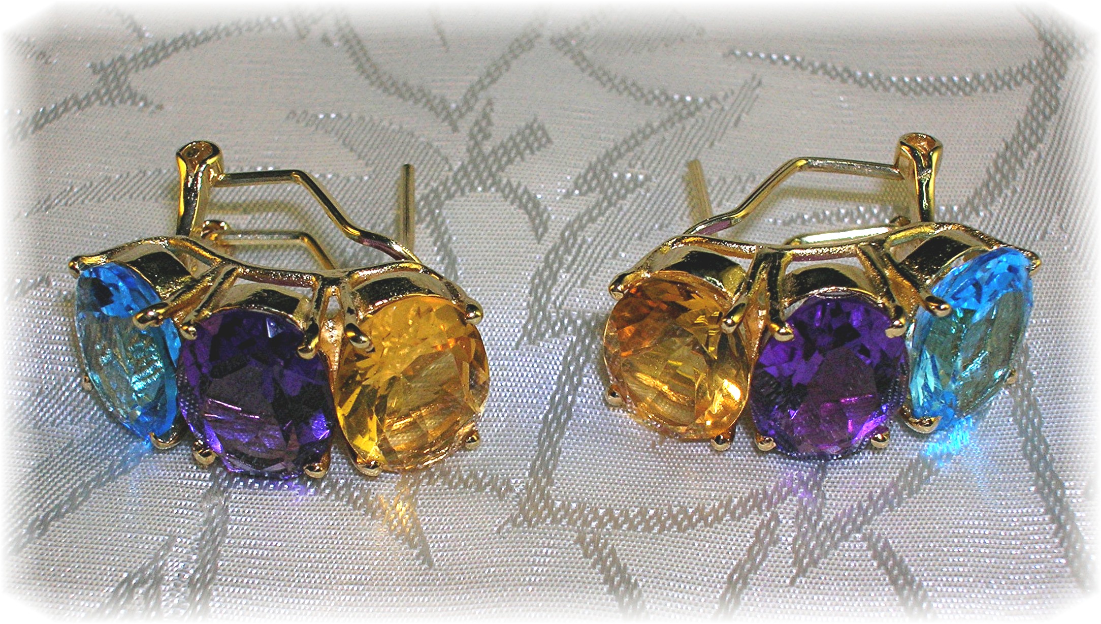 Earrings 14K Yellow Gold Citrine Amethyst Blue Topaz