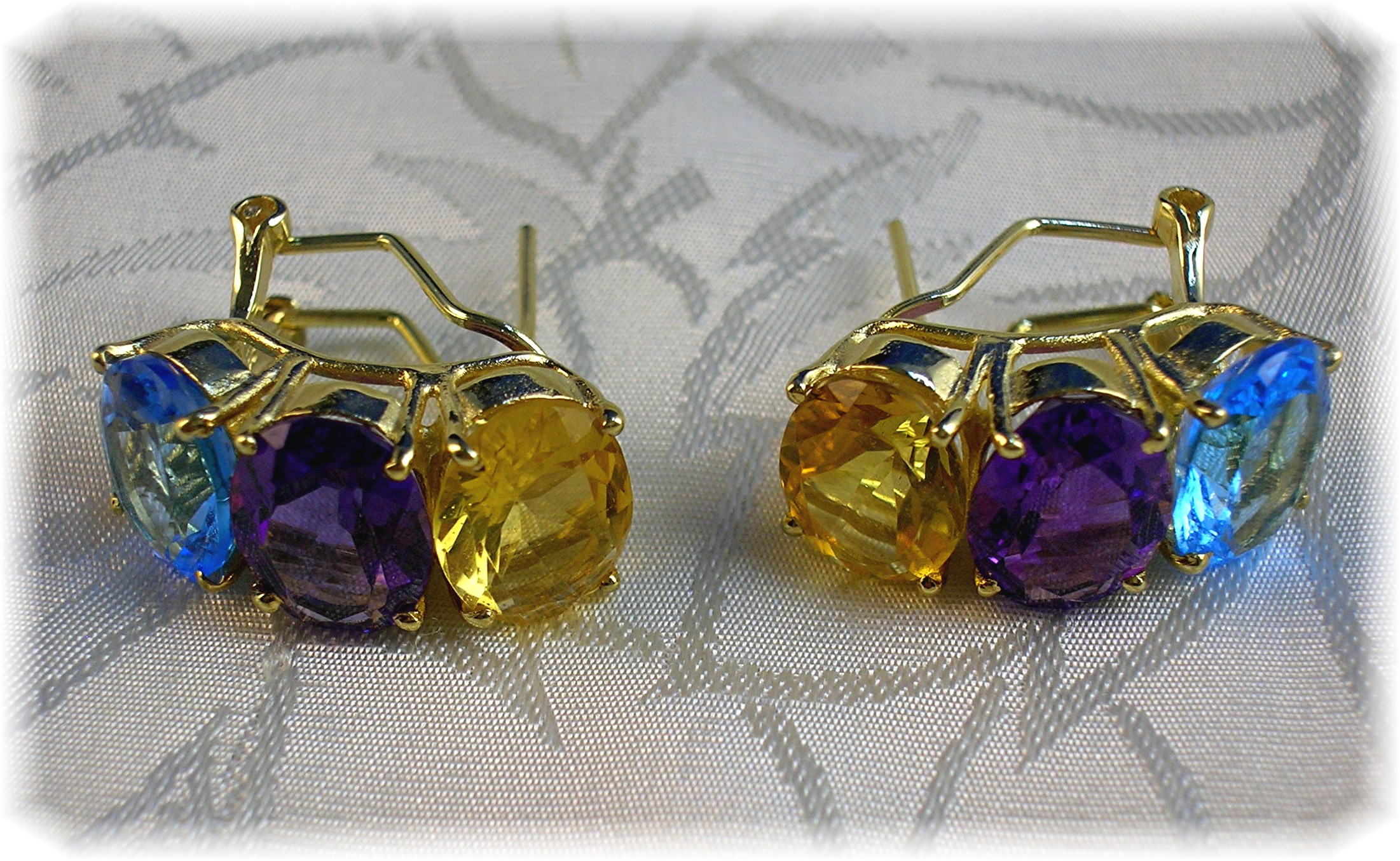 Earrings 14K Yellow Gold Citrine Amethyst Blue Topaz
