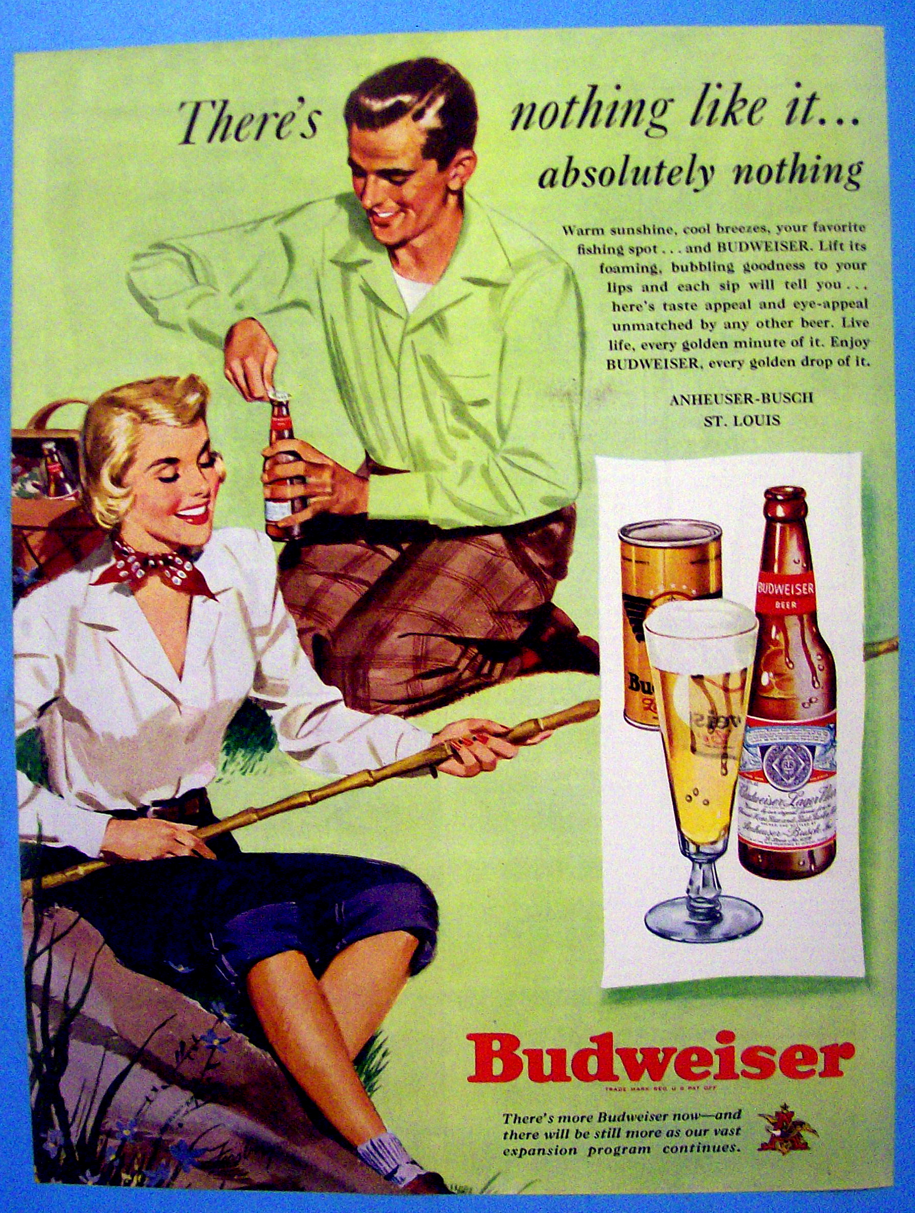 1949 Budweiser Beer w/Man Opening Bottle & Woman Fishin