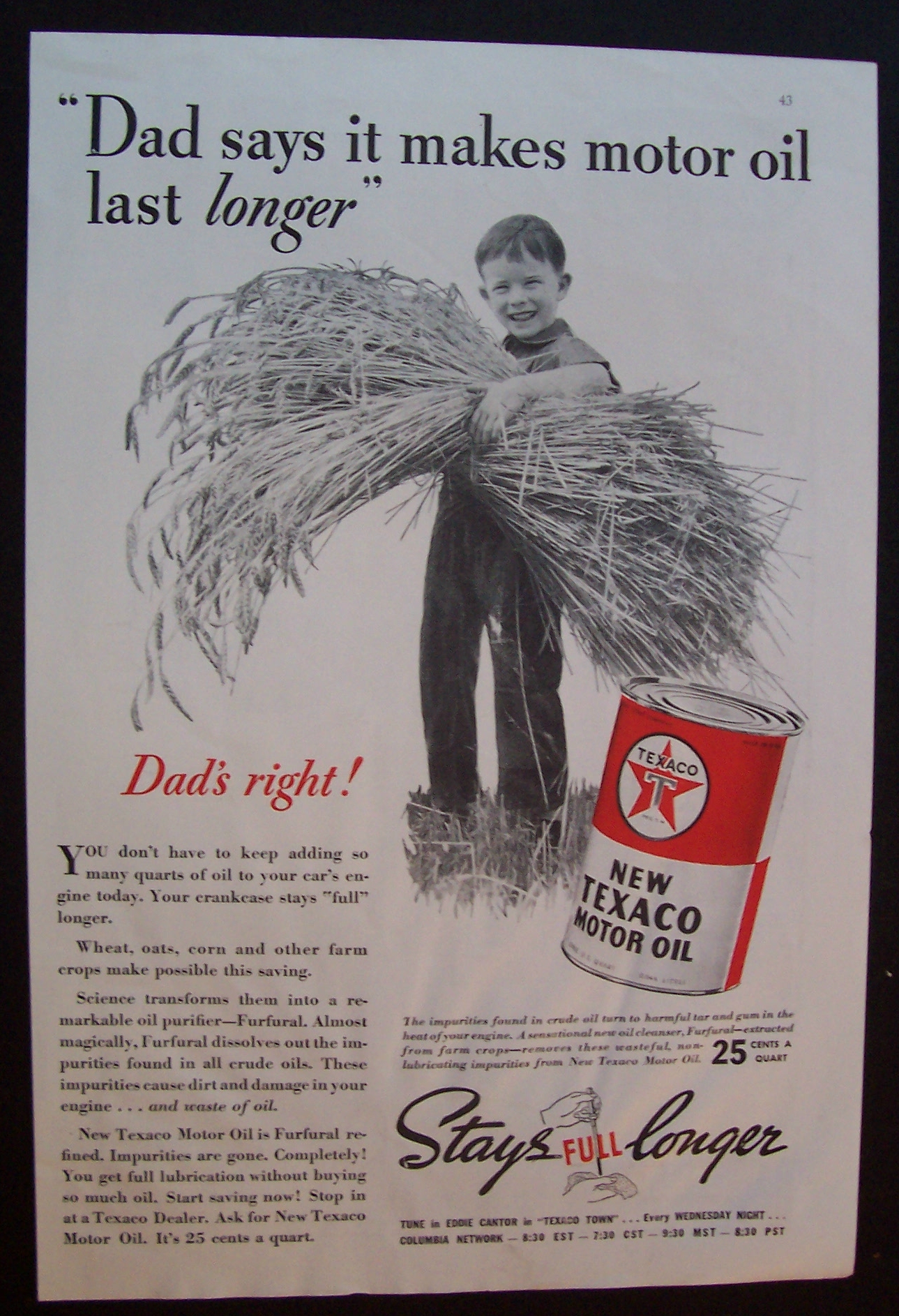 1938 Texaco Motor Oil with Boy Holding Handful of Wheat