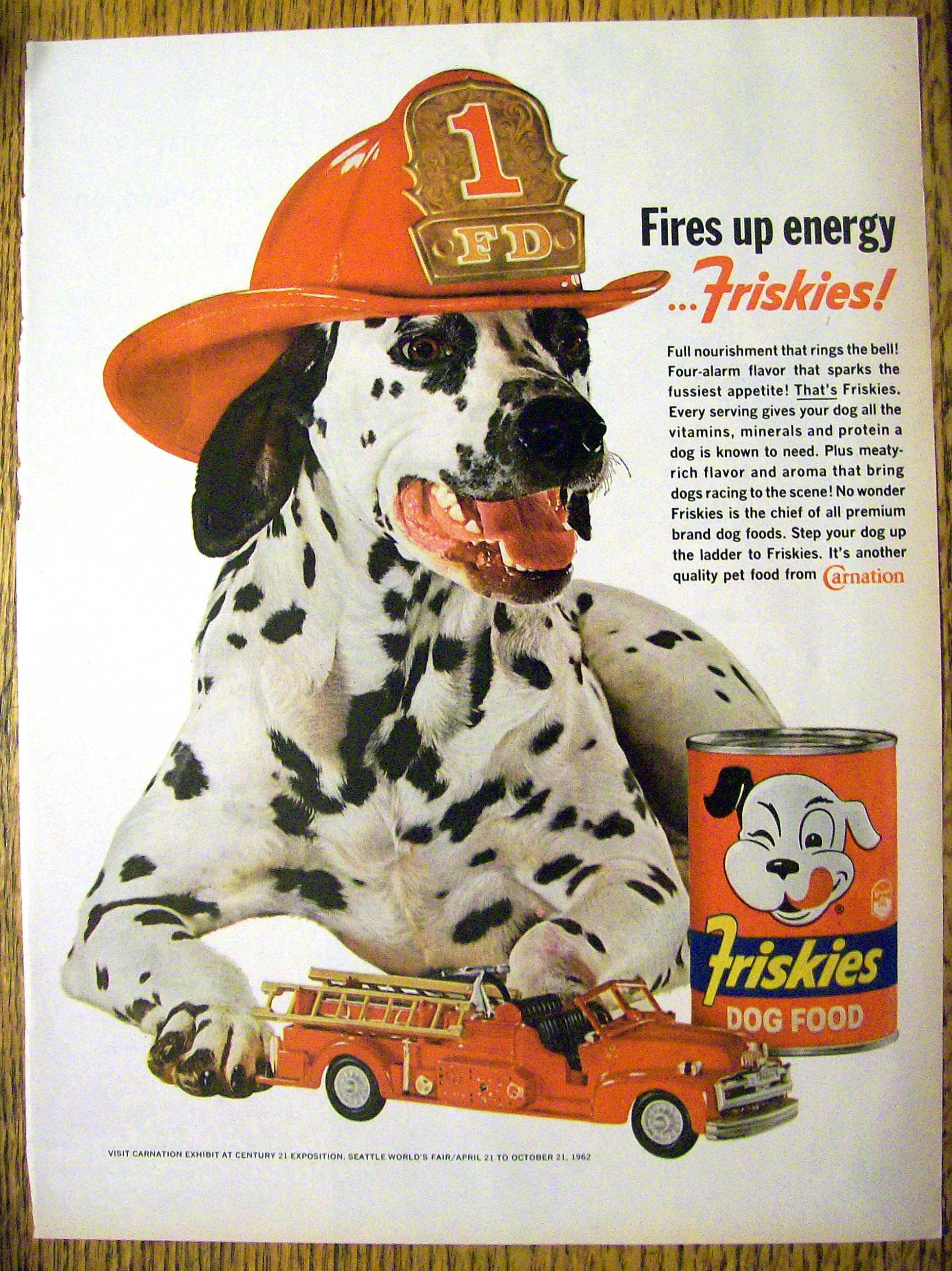 1962 Friskies Dog Food w/Dalmatian & Fireman's Helmet
