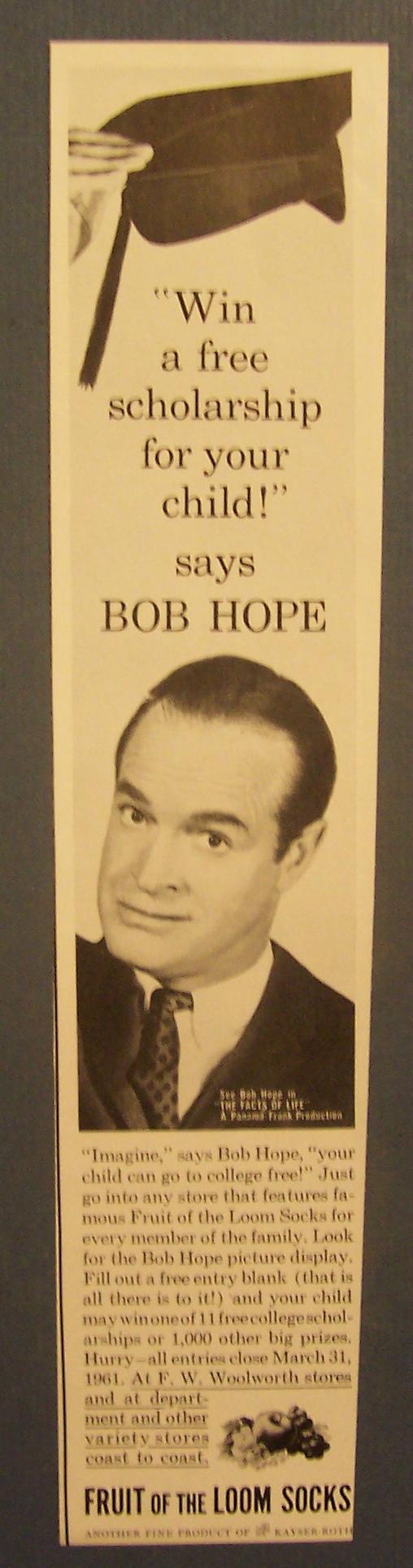 1961  Fruit  Of  The  Loom  Socks  with  Bob  Hope