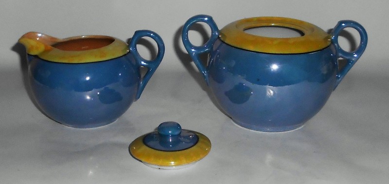 Japan Porcelain Blue Yellow Lustre Wear Creamer Sugar Bowl Set