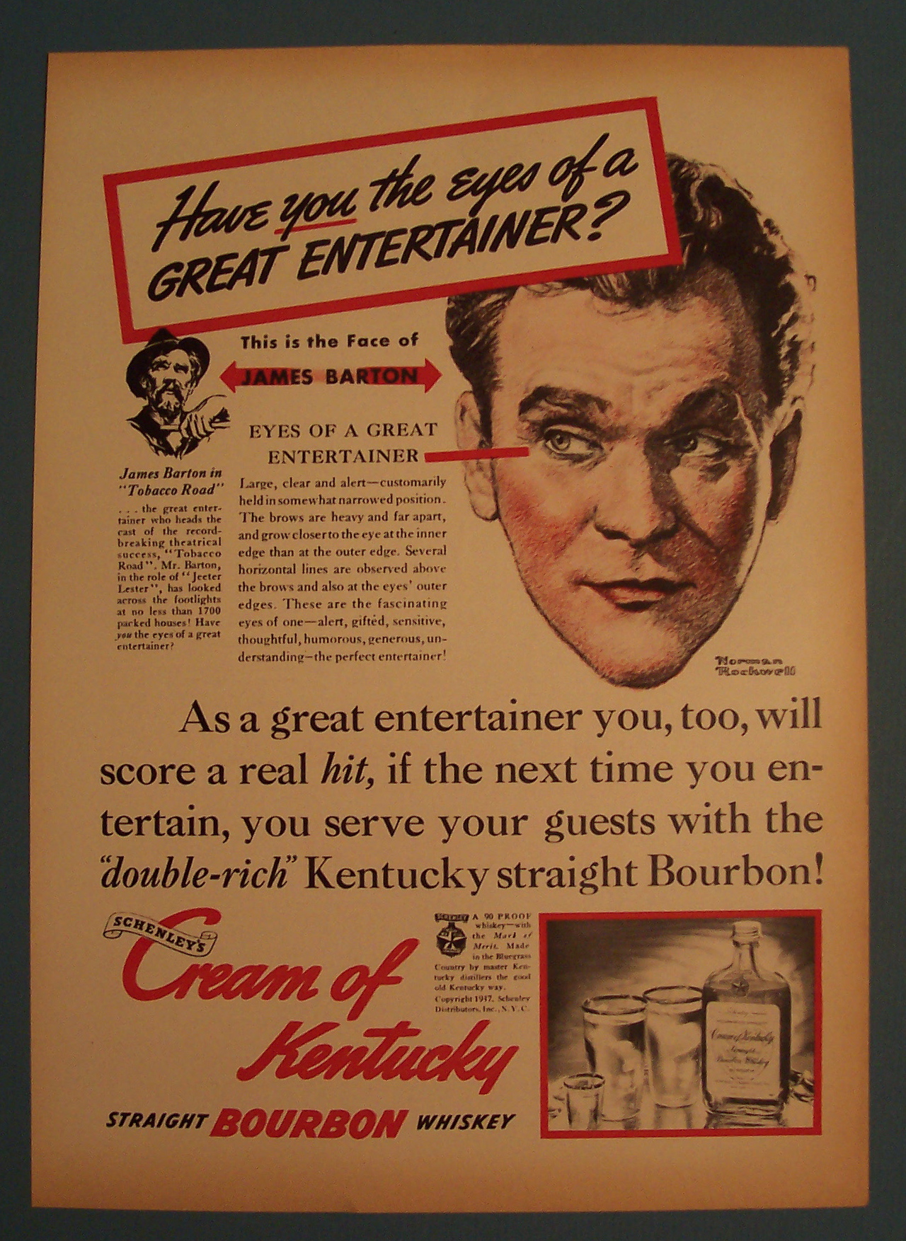 1937 Schenley Whiskey w/James Barton By Norman Rockwell