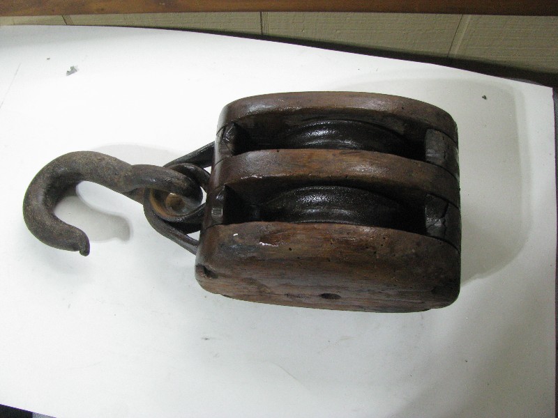 Antique Wooden Double Pulley Block and Tackle with Forged Iron Hook