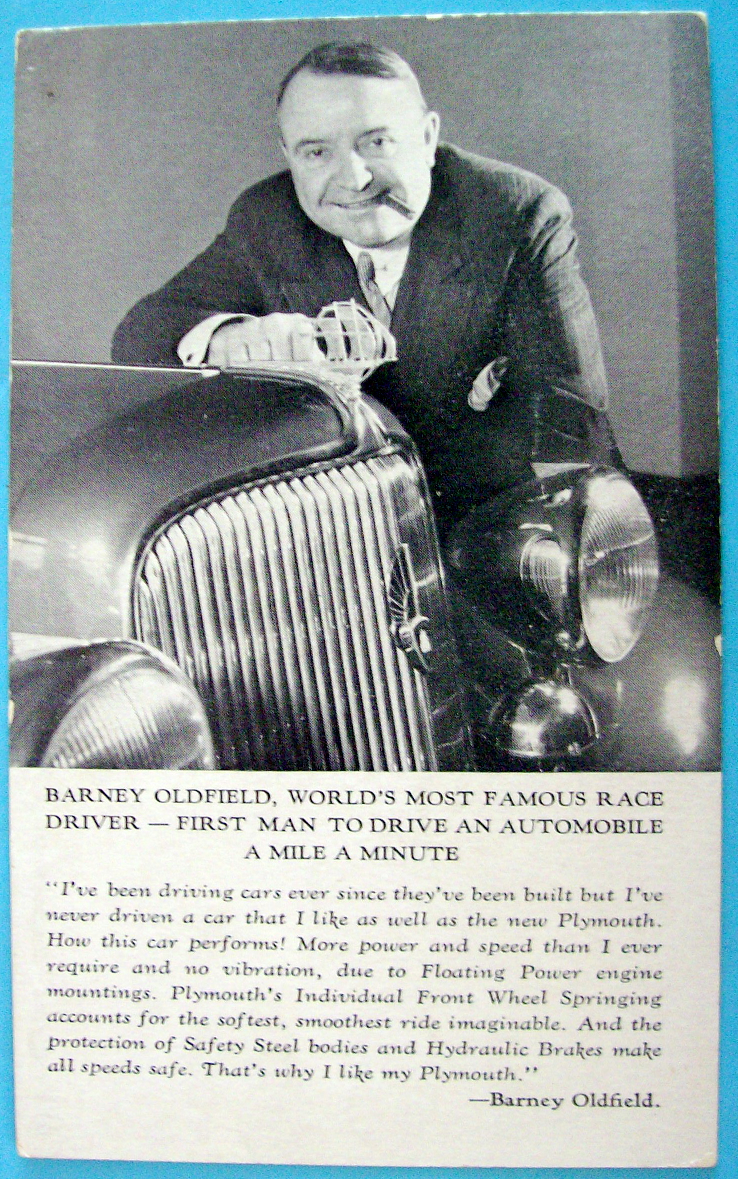 1933 Century of Progress, Barney Oldfield Postcard