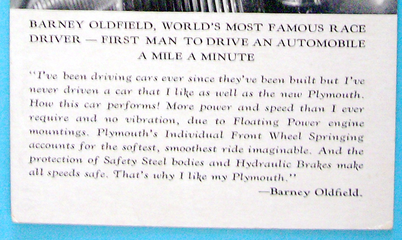 1933 Century of Progress, Barney Oldfield Postcard