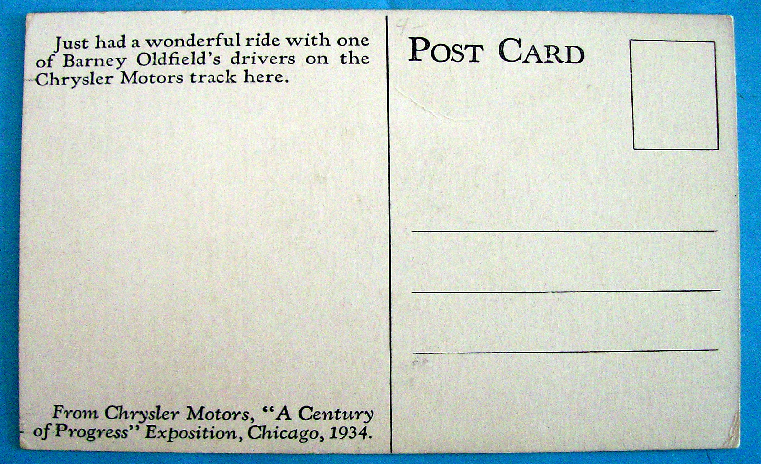 1933 Century of Progress, Barney Oldfield Postcard