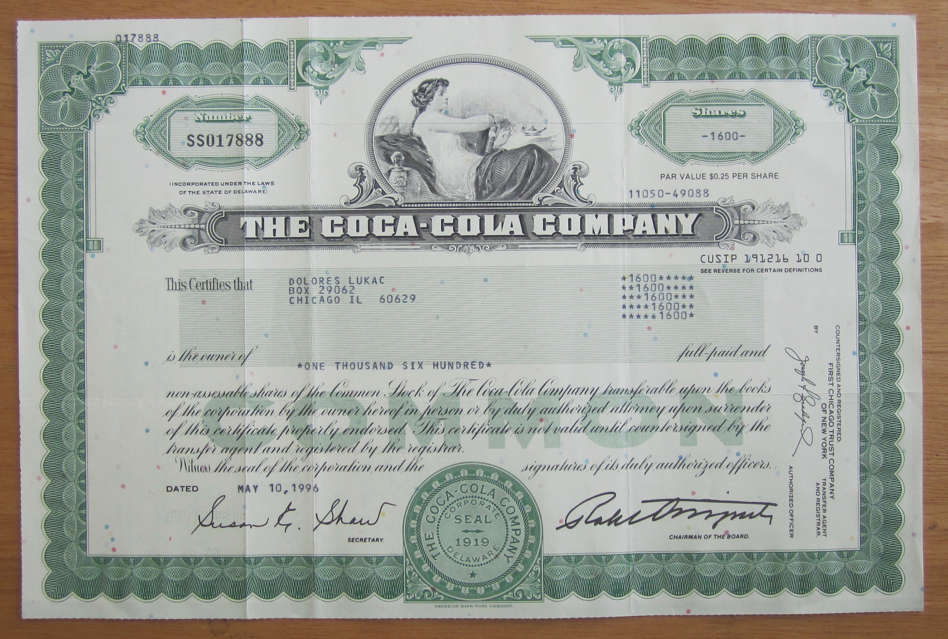 1996 Coca Cola Stock Certificate