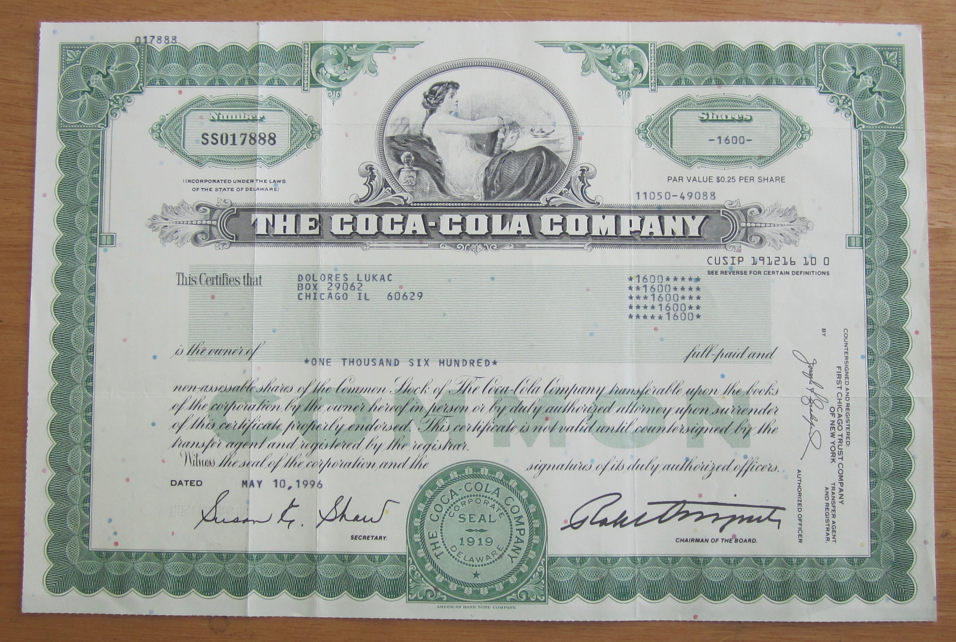 1996 Coca Cola Stock Certificate