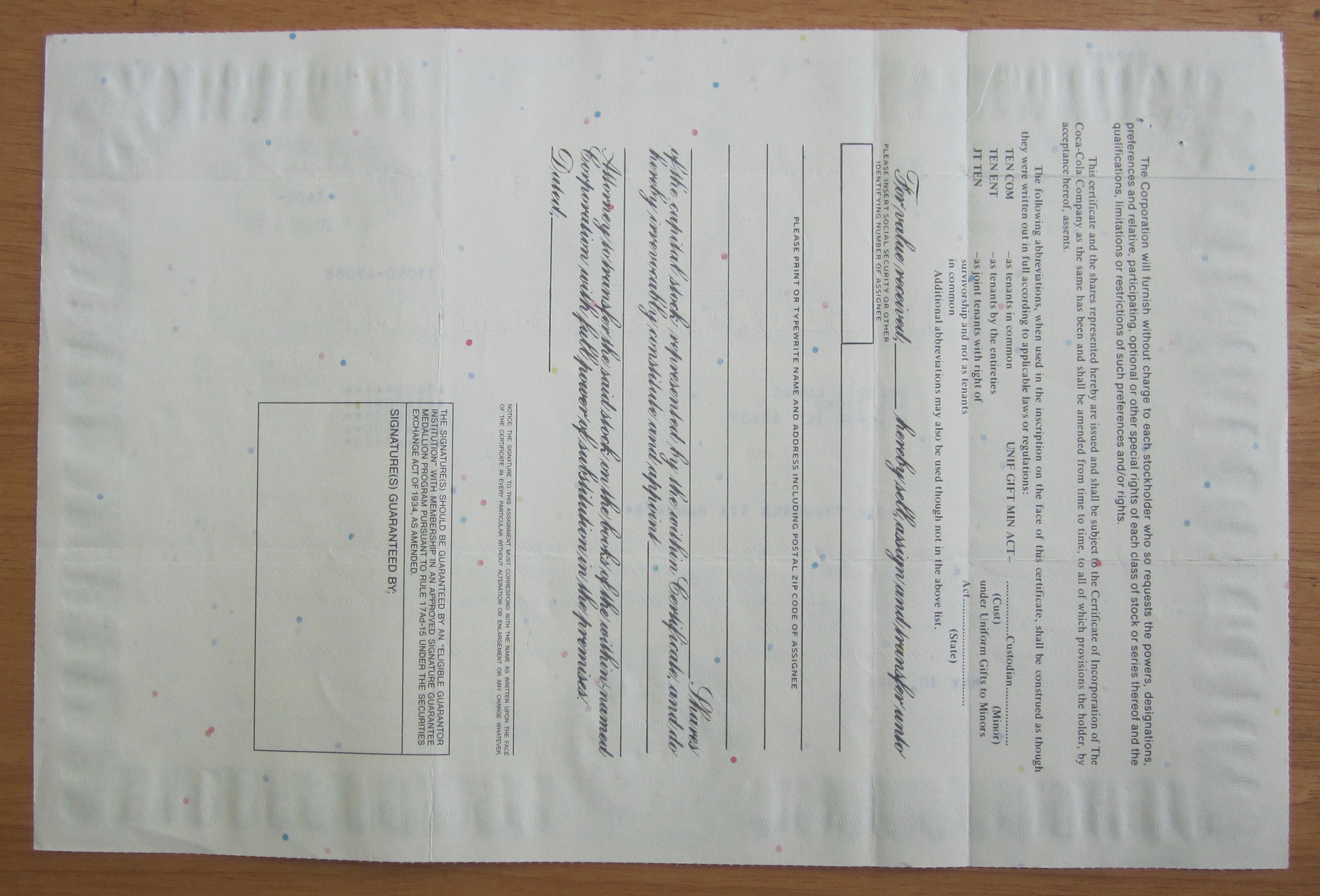 1996 Coca Cola Stock Certificate
