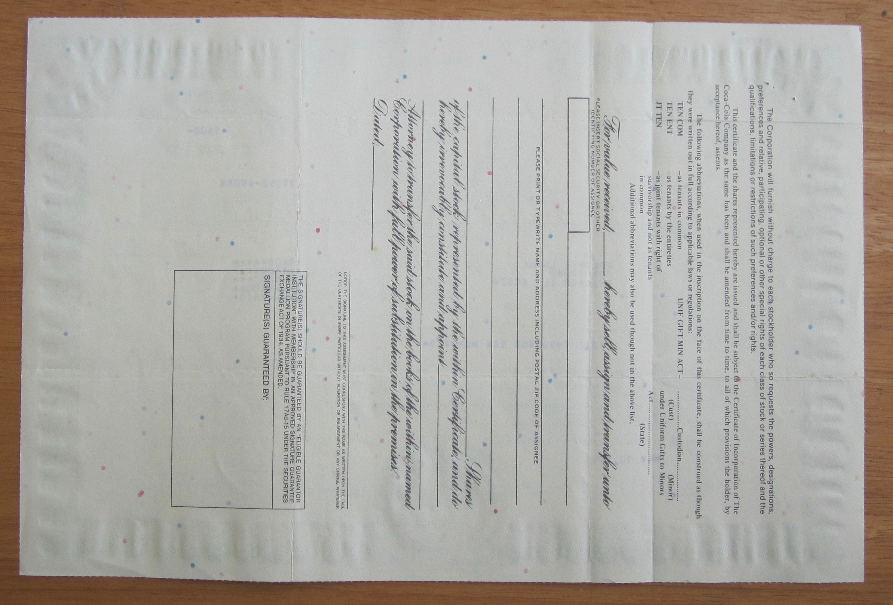 1996 Coca Cola Stock Certificate